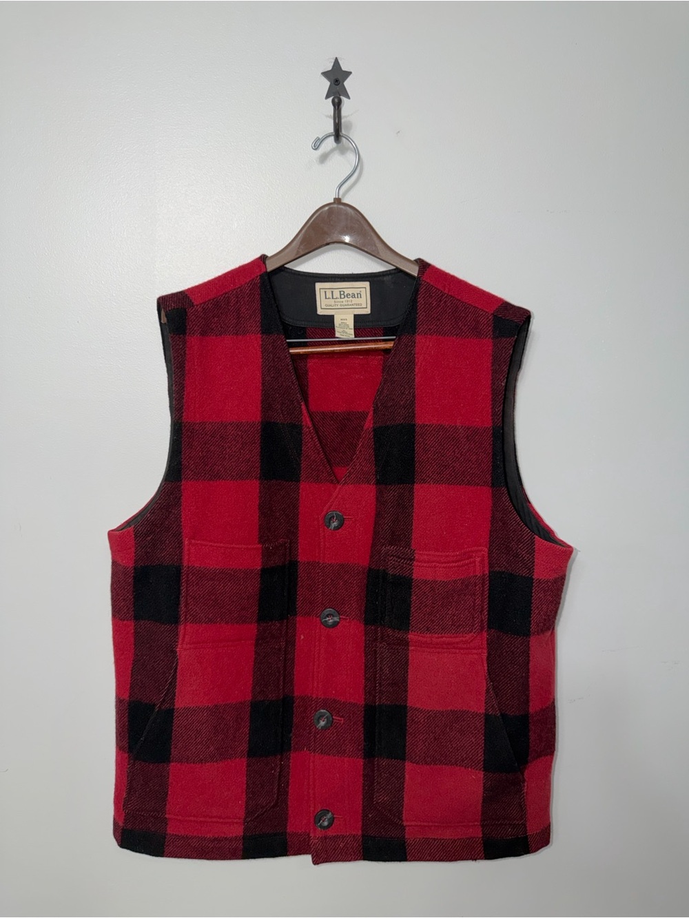 LL Bean Wool Vest Men Red Black Buffalo Plaid Button Front Hunting Warm Thick